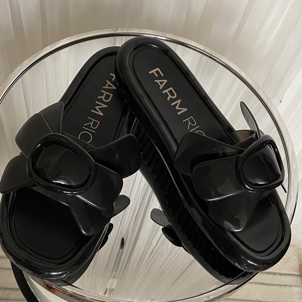 FARM Rio Glossy Jelly Black Slide Sandals Bow Detail Made in Brazil 🇧🇷 Sz 10-11